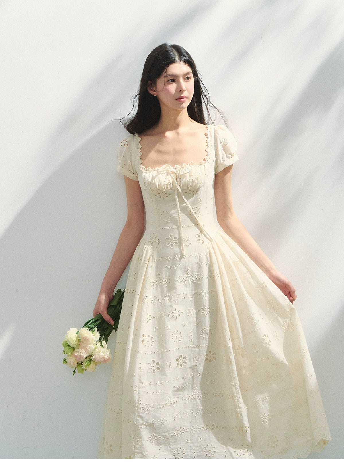Embroidered Cotton Corset Dress With Square Neck