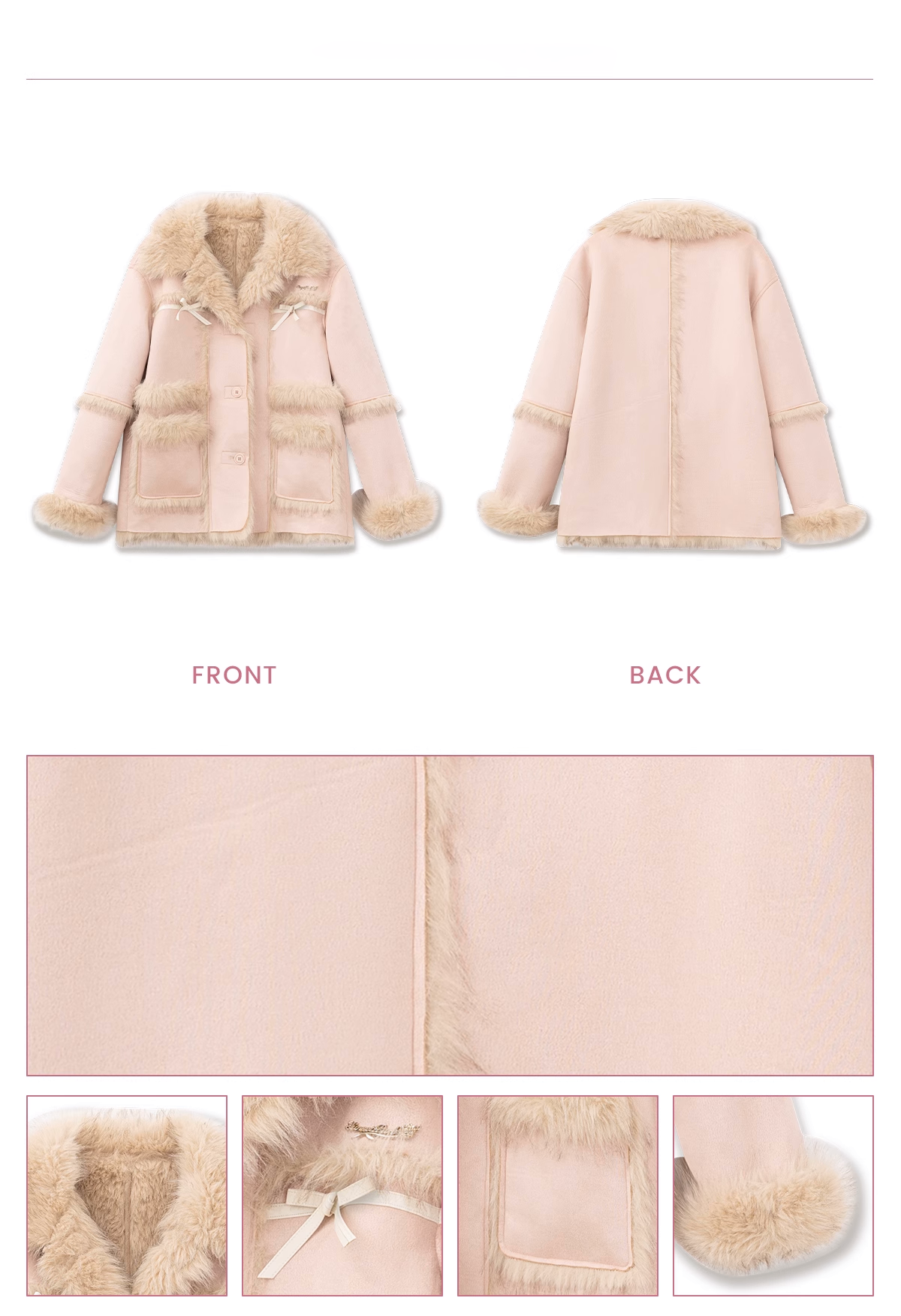 Bow Accent Faux Fur Lined Suede-Like Coat