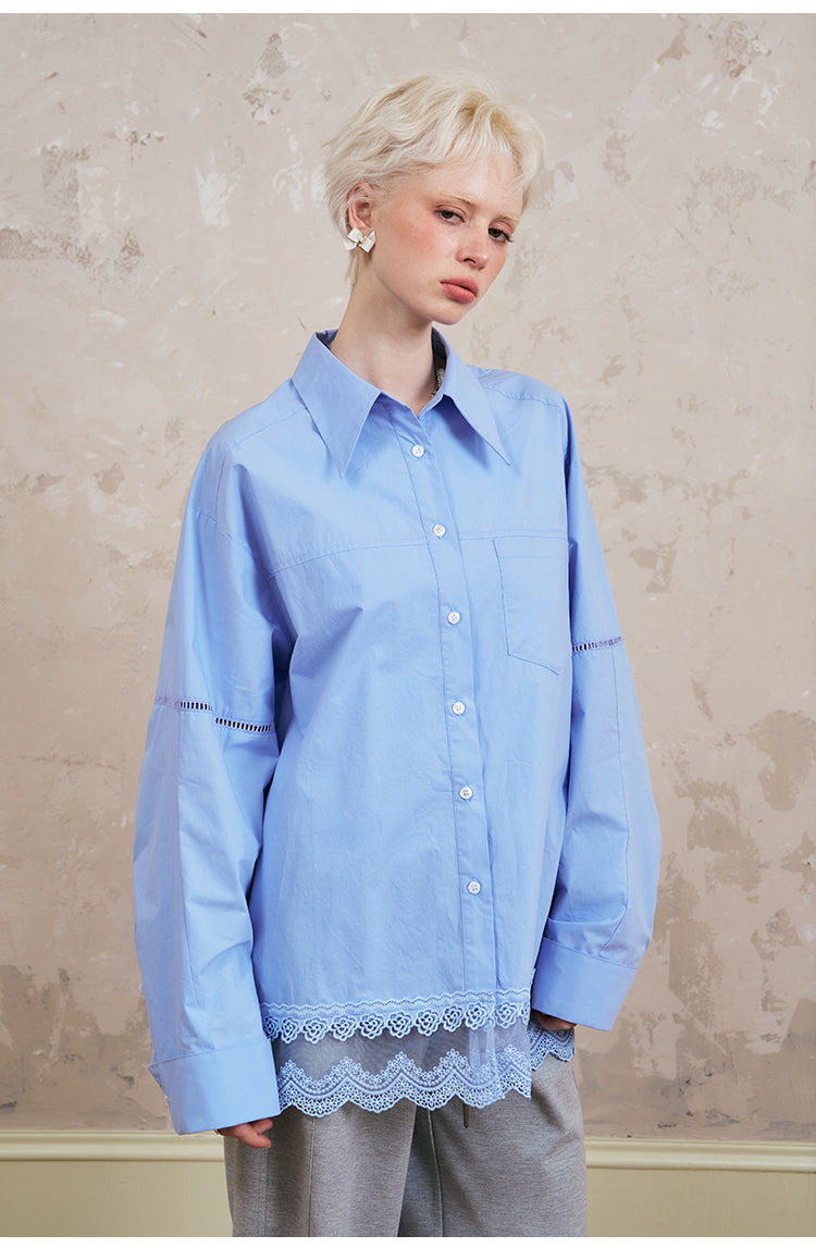 Oversized Cotton Shirt With Lace-Trimmed Hem