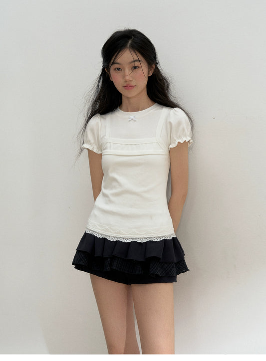 Mixed Fabric Multi-Layer Puffy Skort