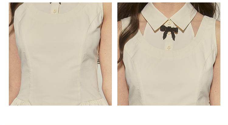 Faux Layered Sleeveless Dress With Collar & Bow