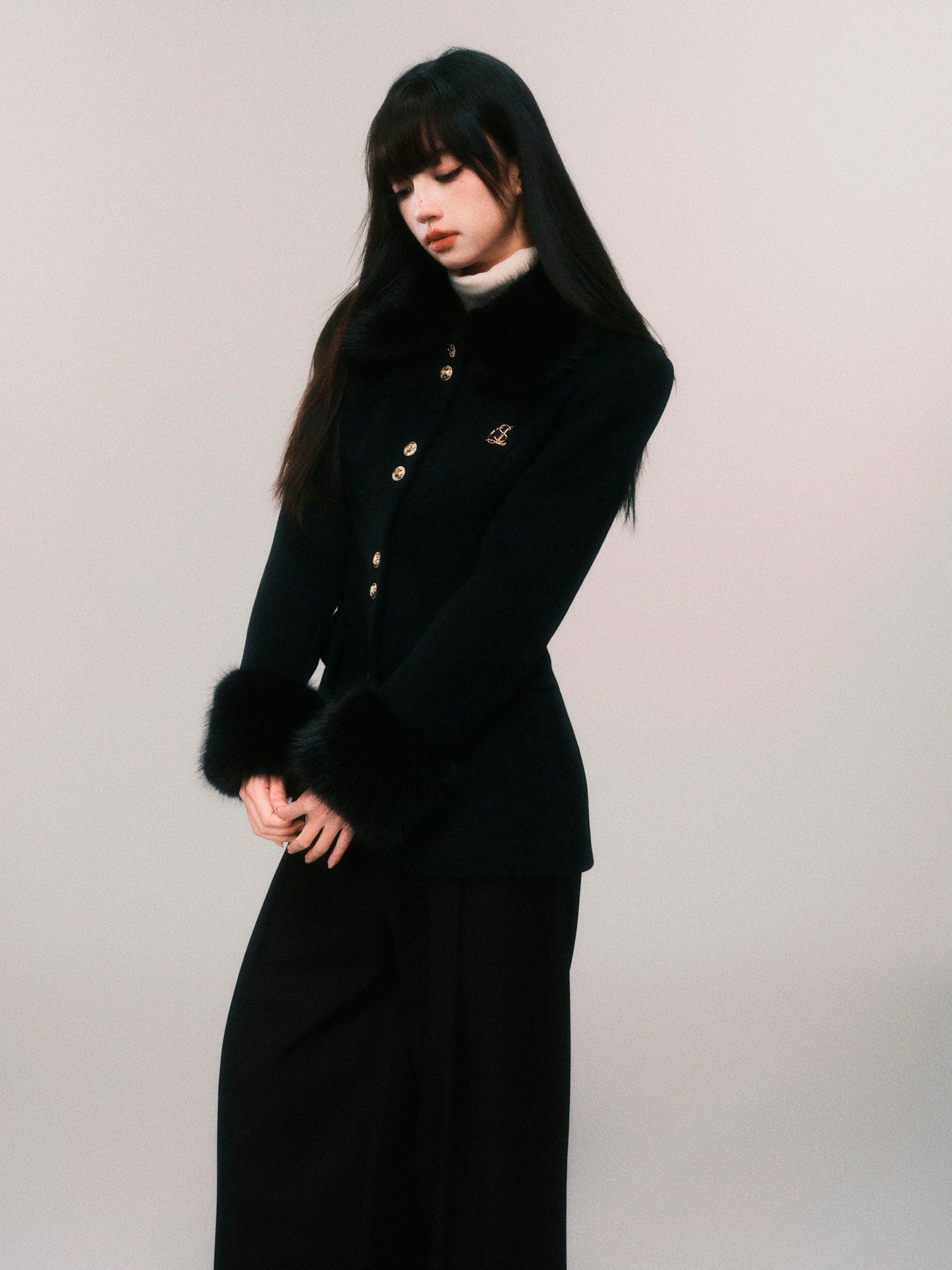 Fur Trim Wool Blend Fitted Short Jacket