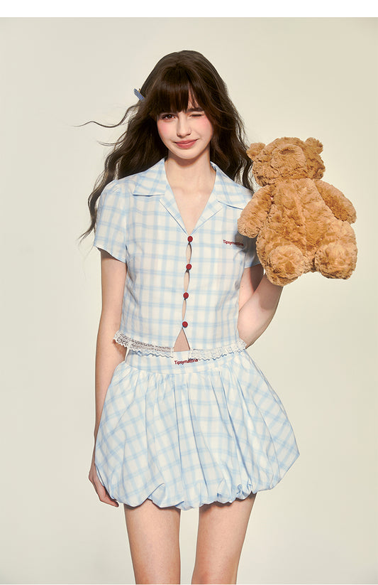Plaid Embroidered Open Collar Shirt And Balloon Skirt