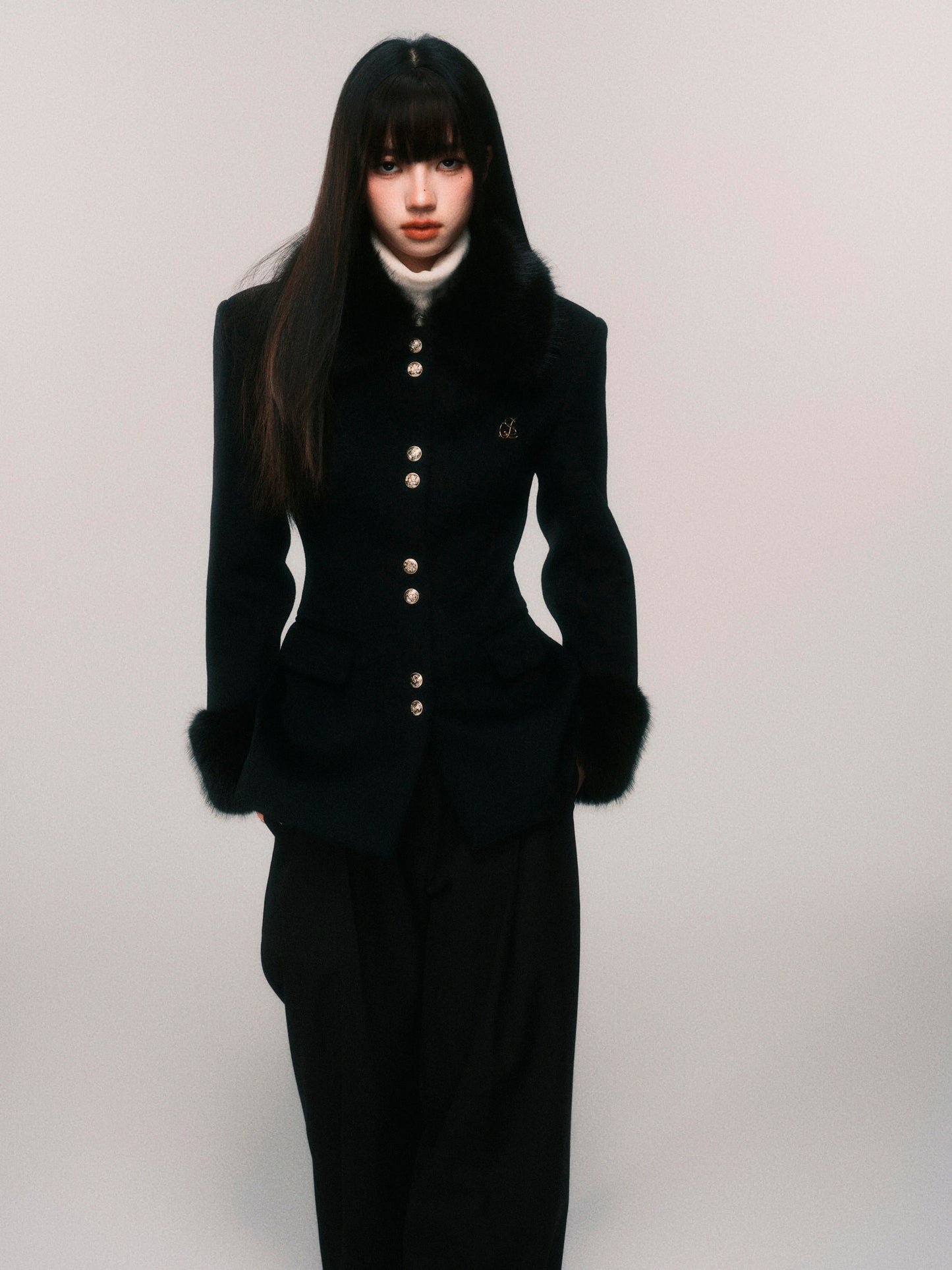 Fur Trim Wool Blend Fitted Short Jacket