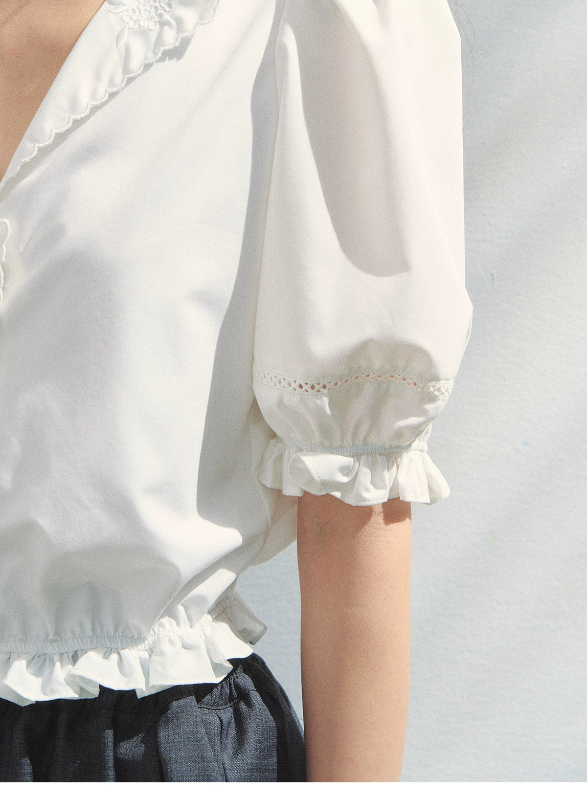Embroidered V-Neck Blouse With Elbow-Length Sleeves