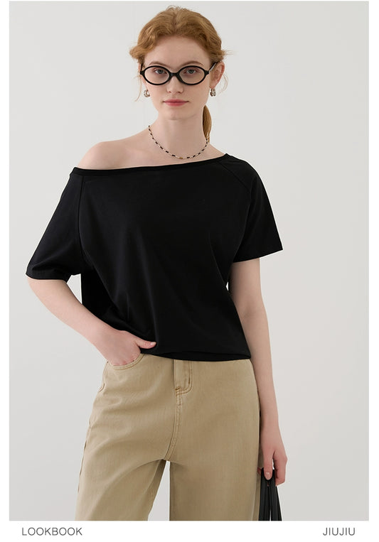 Wide Neck Easy-Fit Cotton Blend T-Shirt