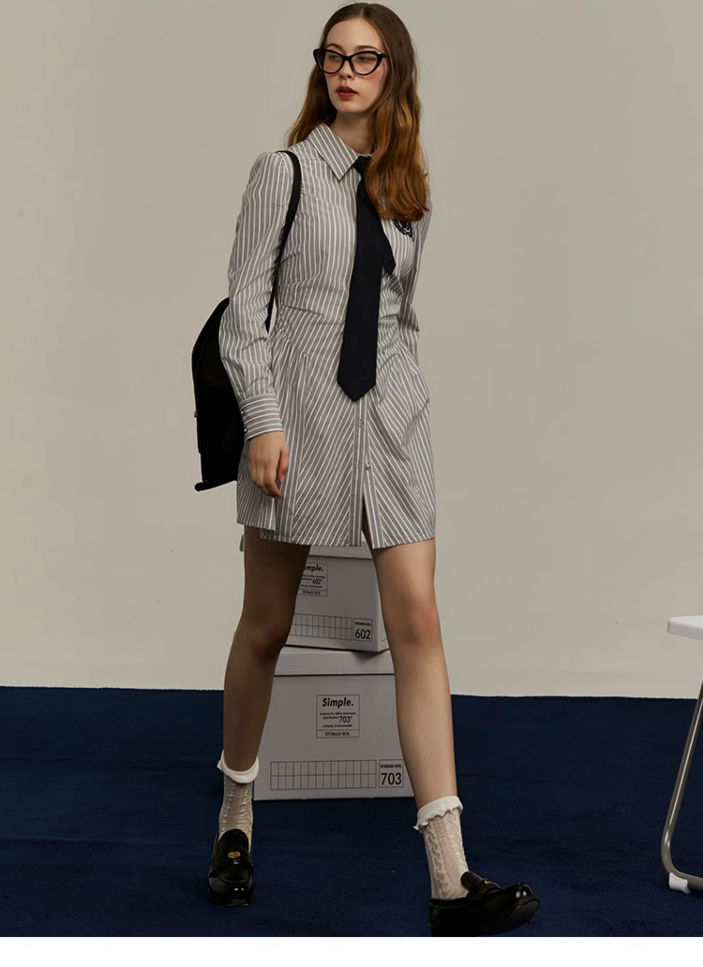 College Style Striped Embroidered High Waist Dress Shirt