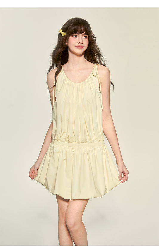 Tie-Strapped Ruched Balloon-Hem Dress