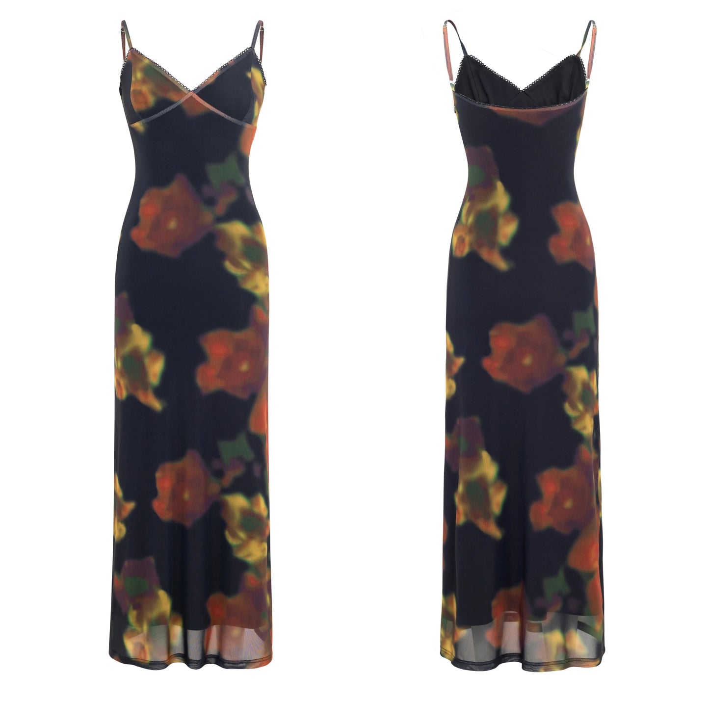 Cinematic Flower Print Mesh Cami Dress In Two Lengths