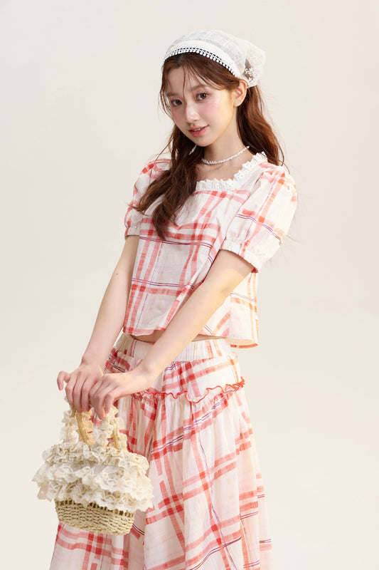 Plaid Square-Neck Blouse & Matching Volume Skirt