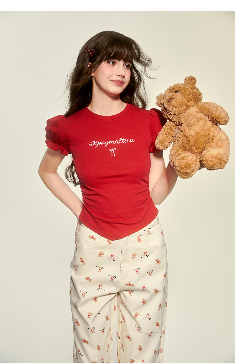 Puff-Sleeved Lettered Side-Ruched Top