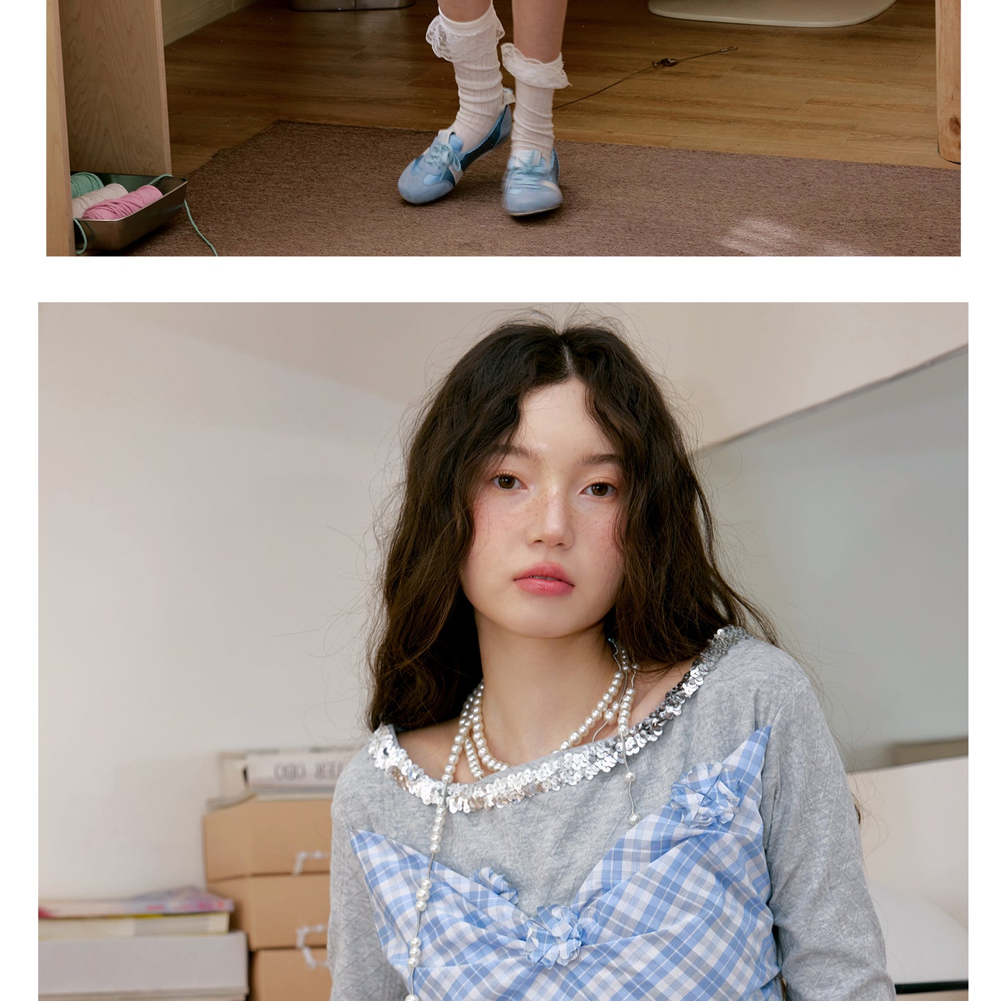 Embellished Plaid Top With Flowers & Sequins