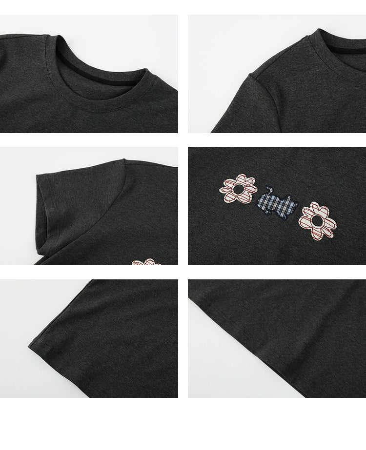 Appliqué T-Shirt & Asymmetric Plaid Panel Skirt