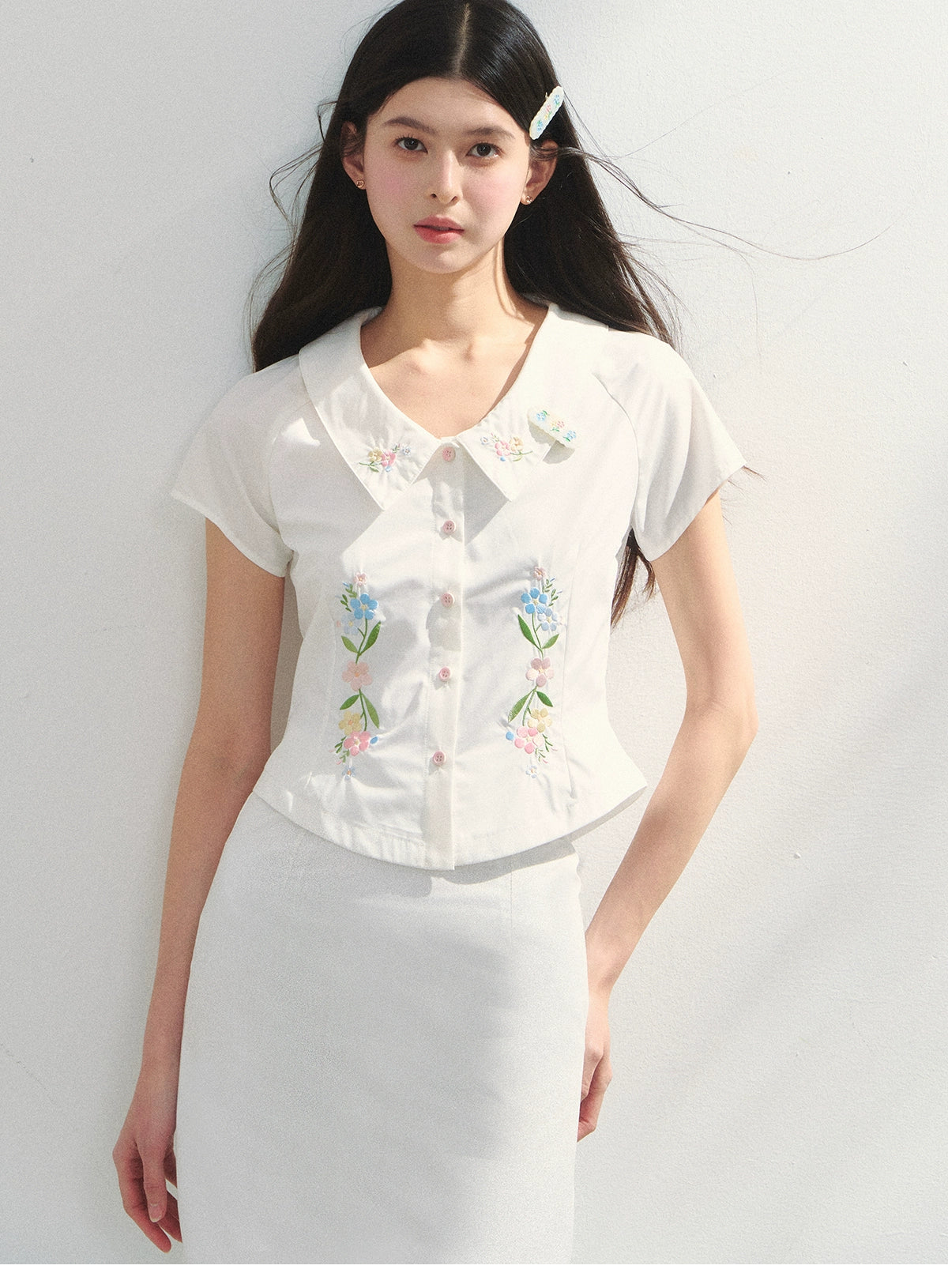 Floral Embroidered Fitted Blouse & Skirt In Pure Cotton