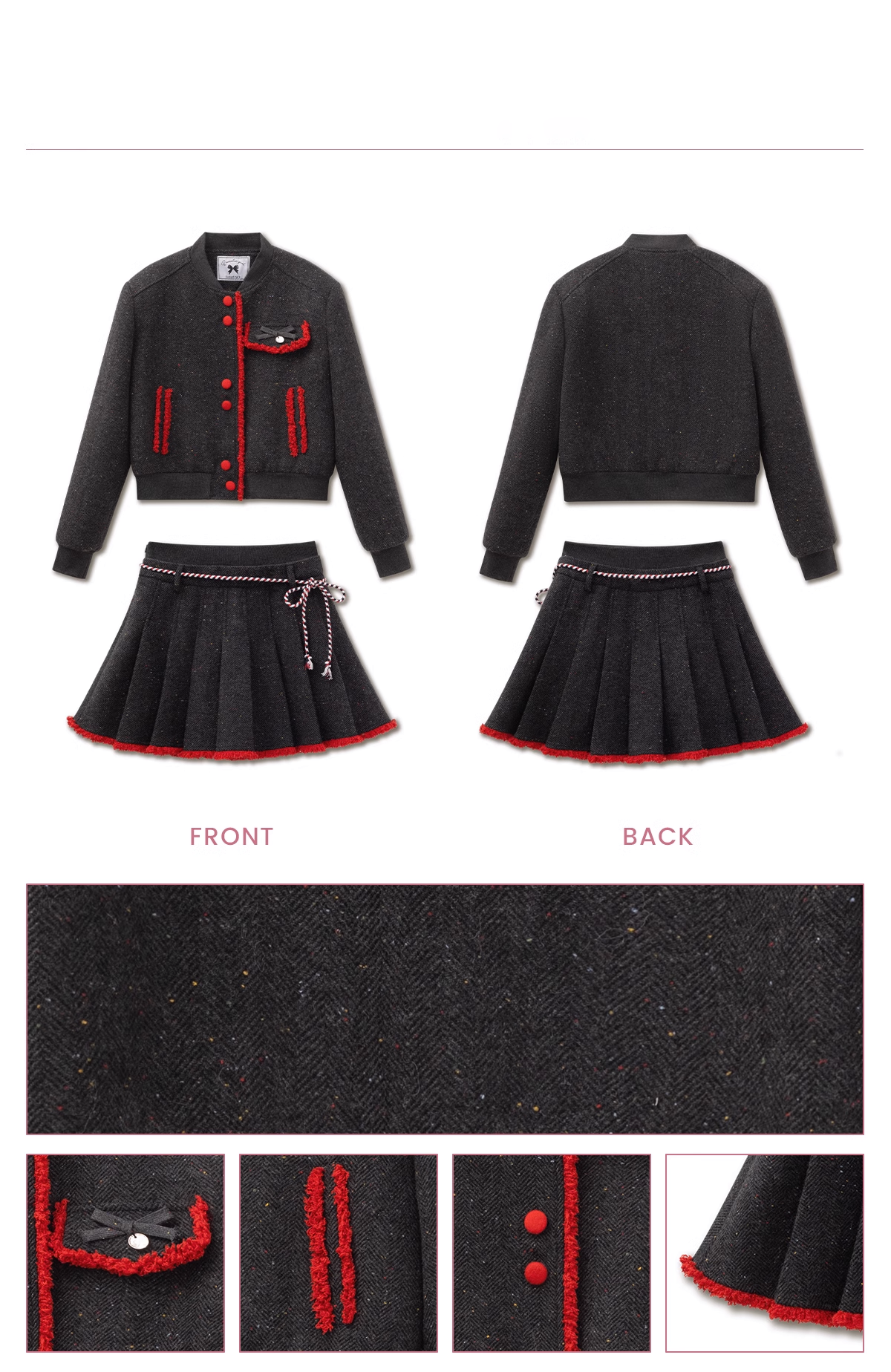 Fringed Contrast Varsity Jacket & Pleated Skirt
