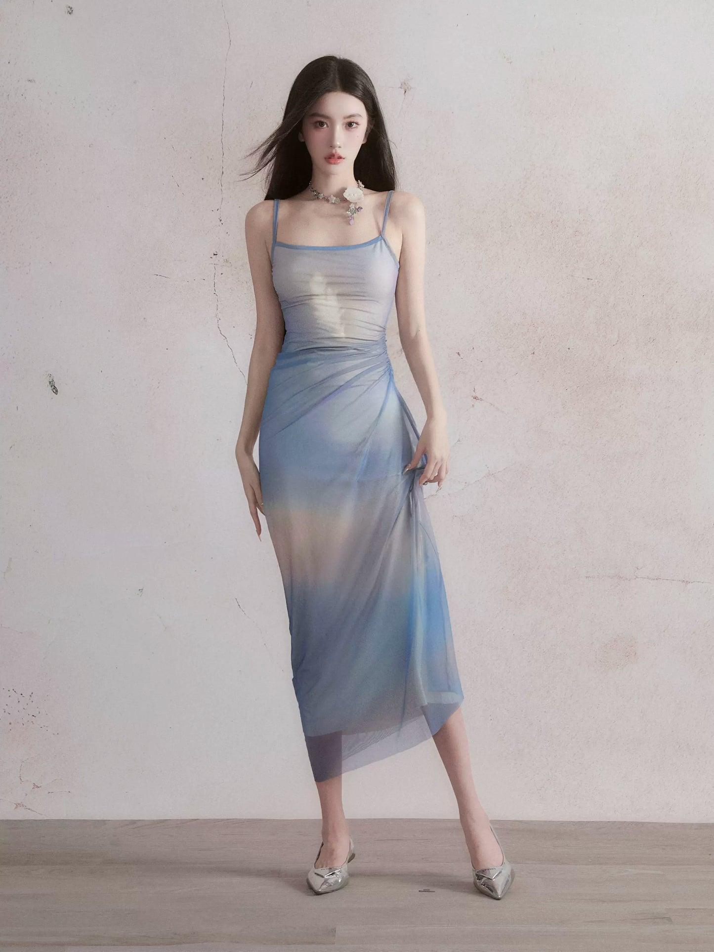 Sunset-Inspired Smudged Color Asymmetric Long Dress