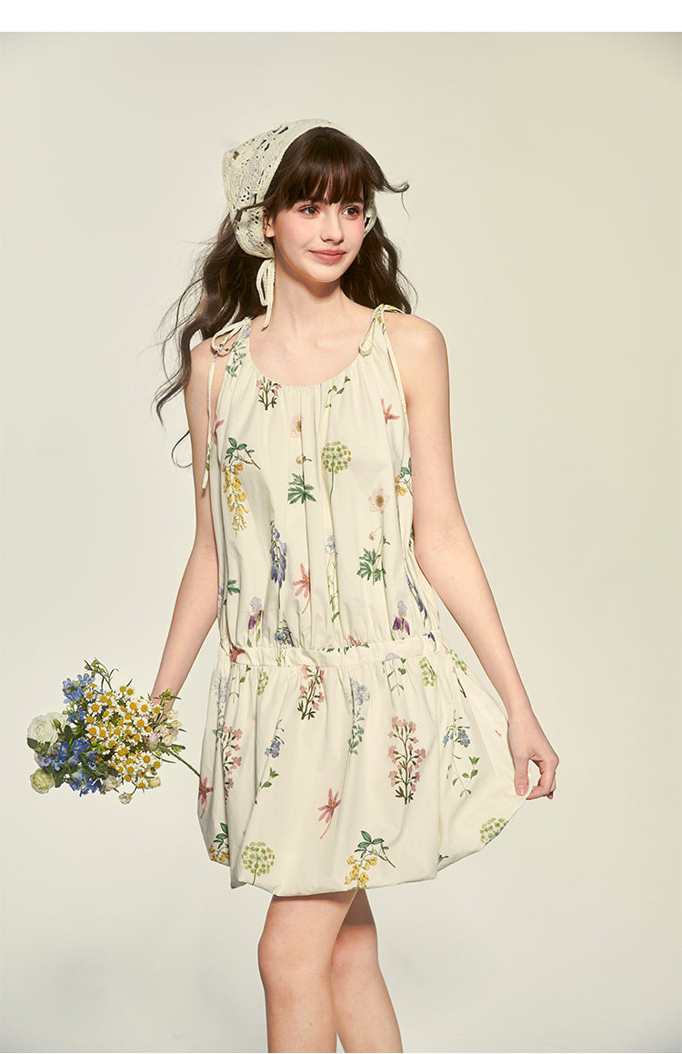 Tie-Strapped Floral Holiday Dress With Balloon Hem