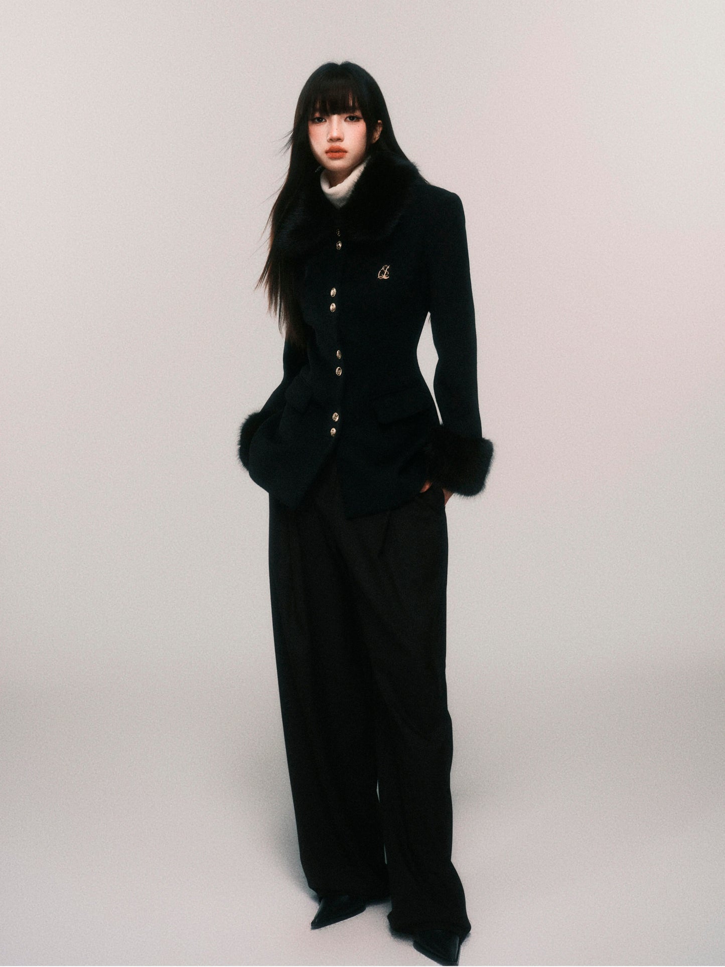 Fur Trim Wool Blend Fitted Short Jacket