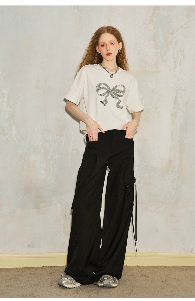 Bow Sequin Embroidery Loose Round Neck Short-sleeved T-shirt