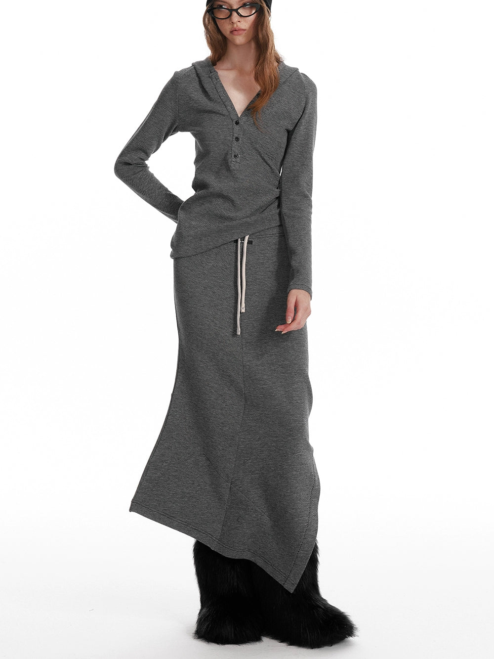 Slim Fit Hooded Half-Button Top / Slit Skirt