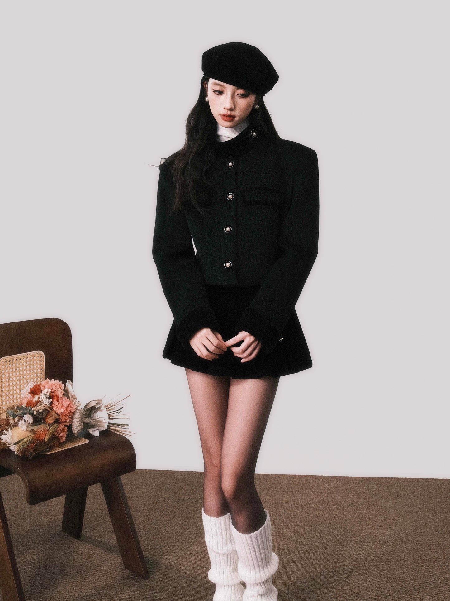 Pearl Beaded Wool Blend Stand Collar Jacket