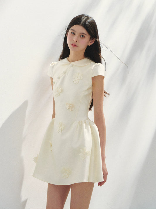 Round-Collar Mini Dress With Floral Embellishments