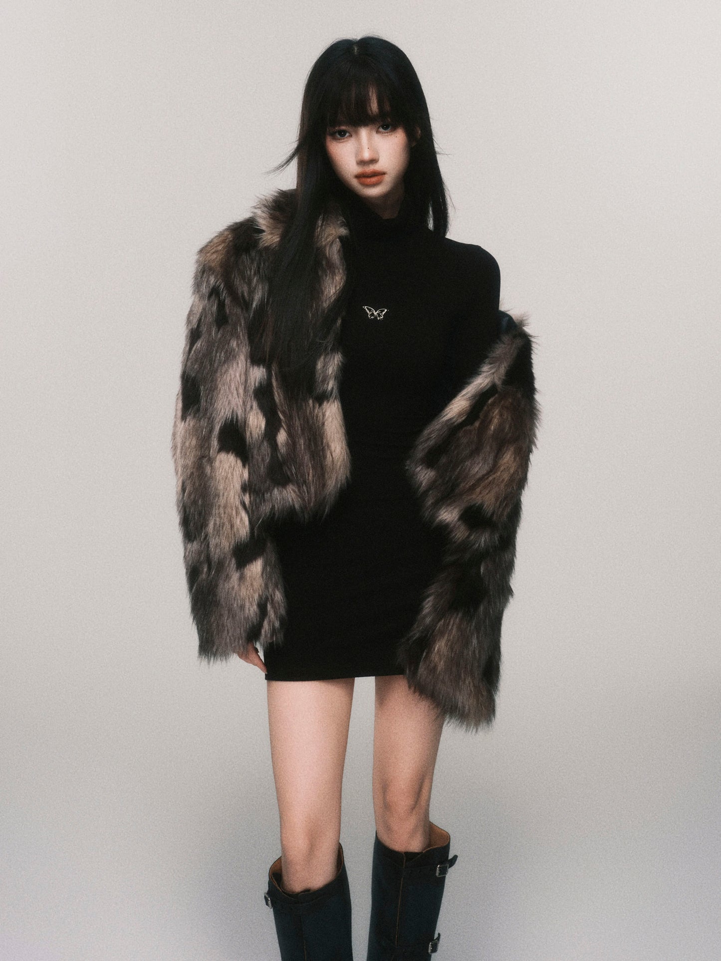 Spotted Pattern Short Faux Fur Coat