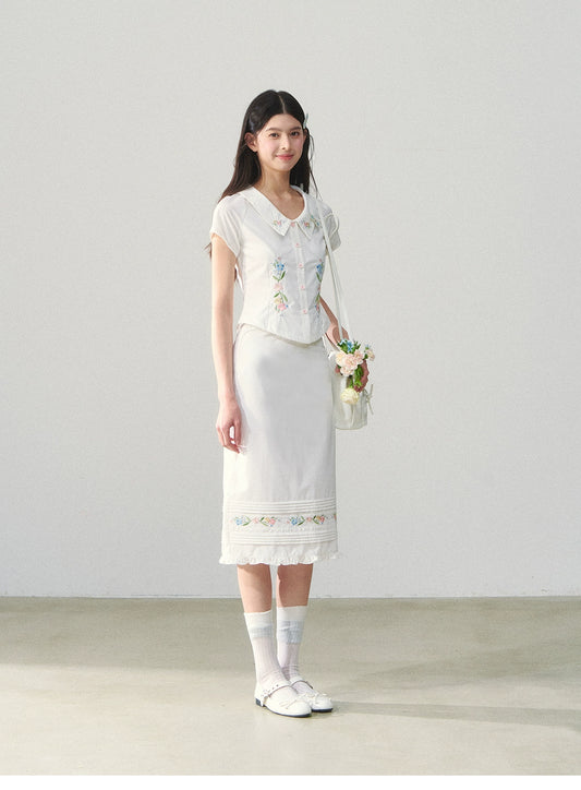 Floral Embroidered Fitted Blouse & Skirt In Pure Cotton