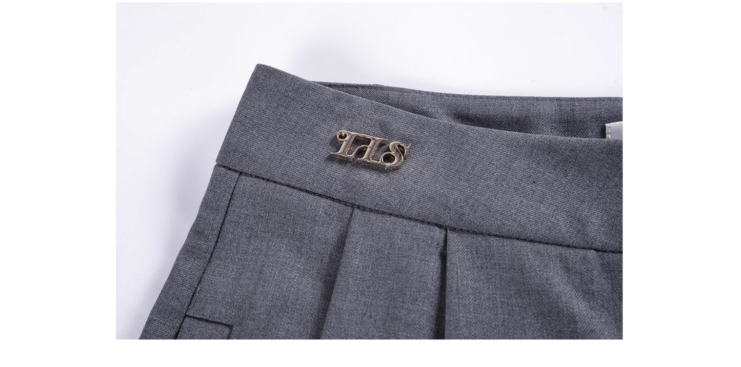 Straight Wide-Leg Tailored Pants With Logo Charm