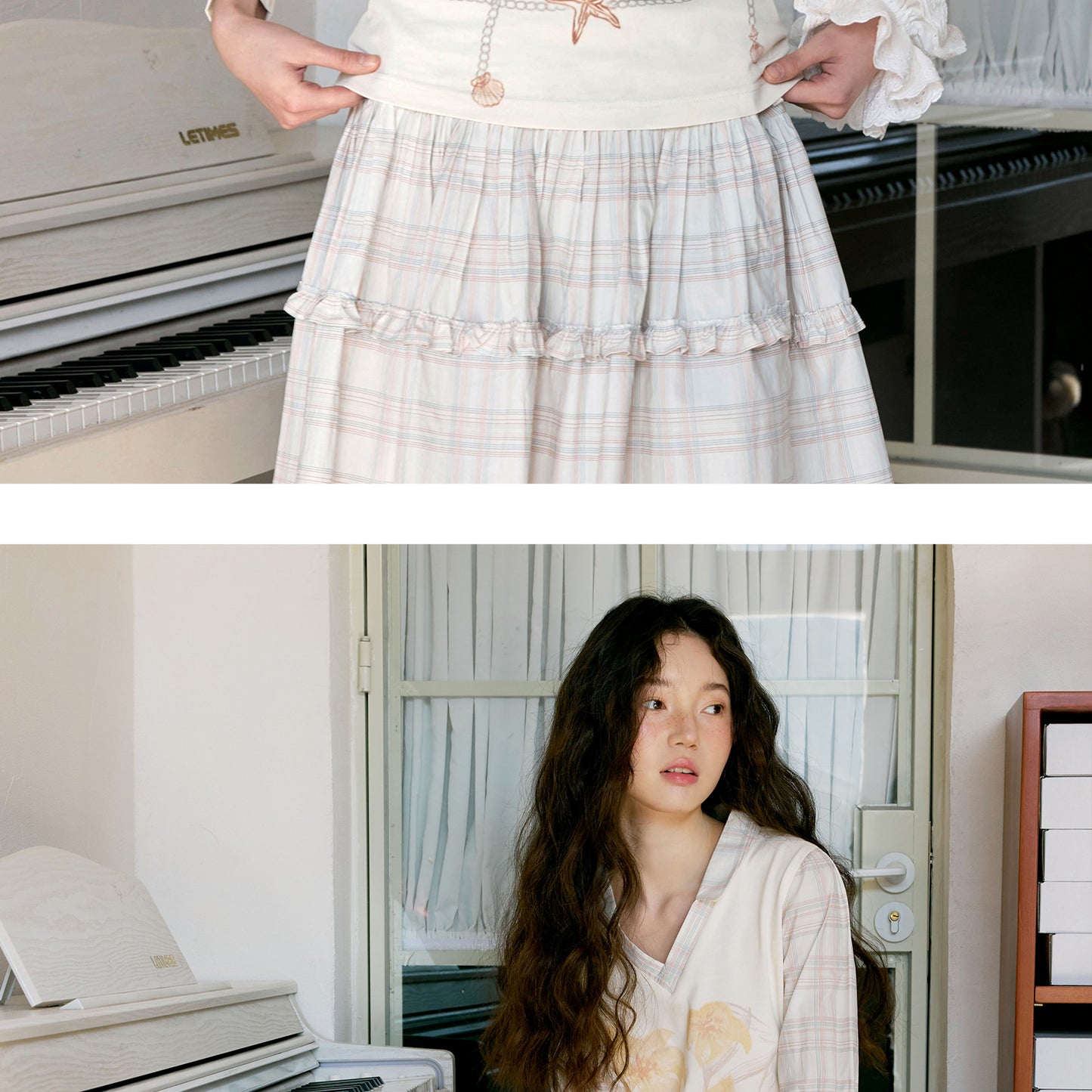 Floral Plaid V-Neck Shirt & Wrap Skirt