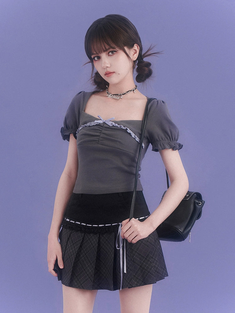 Square Neck Puff Sleeve Ruched Top With Lace Trim