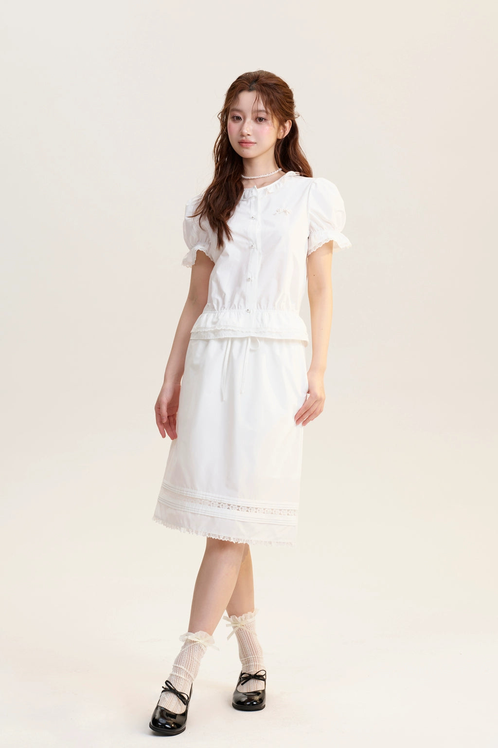 Lace-Accented Puff-Sleeve Blouse & Midi Skirt