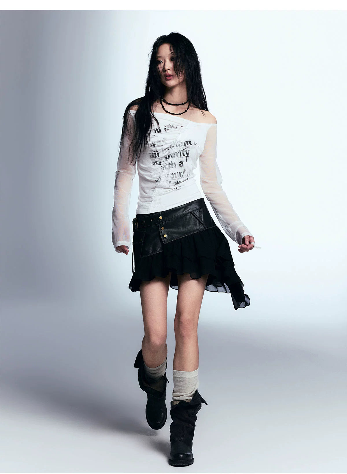 Asymmetric Ruffled Skirt With Faux Leather Detail
