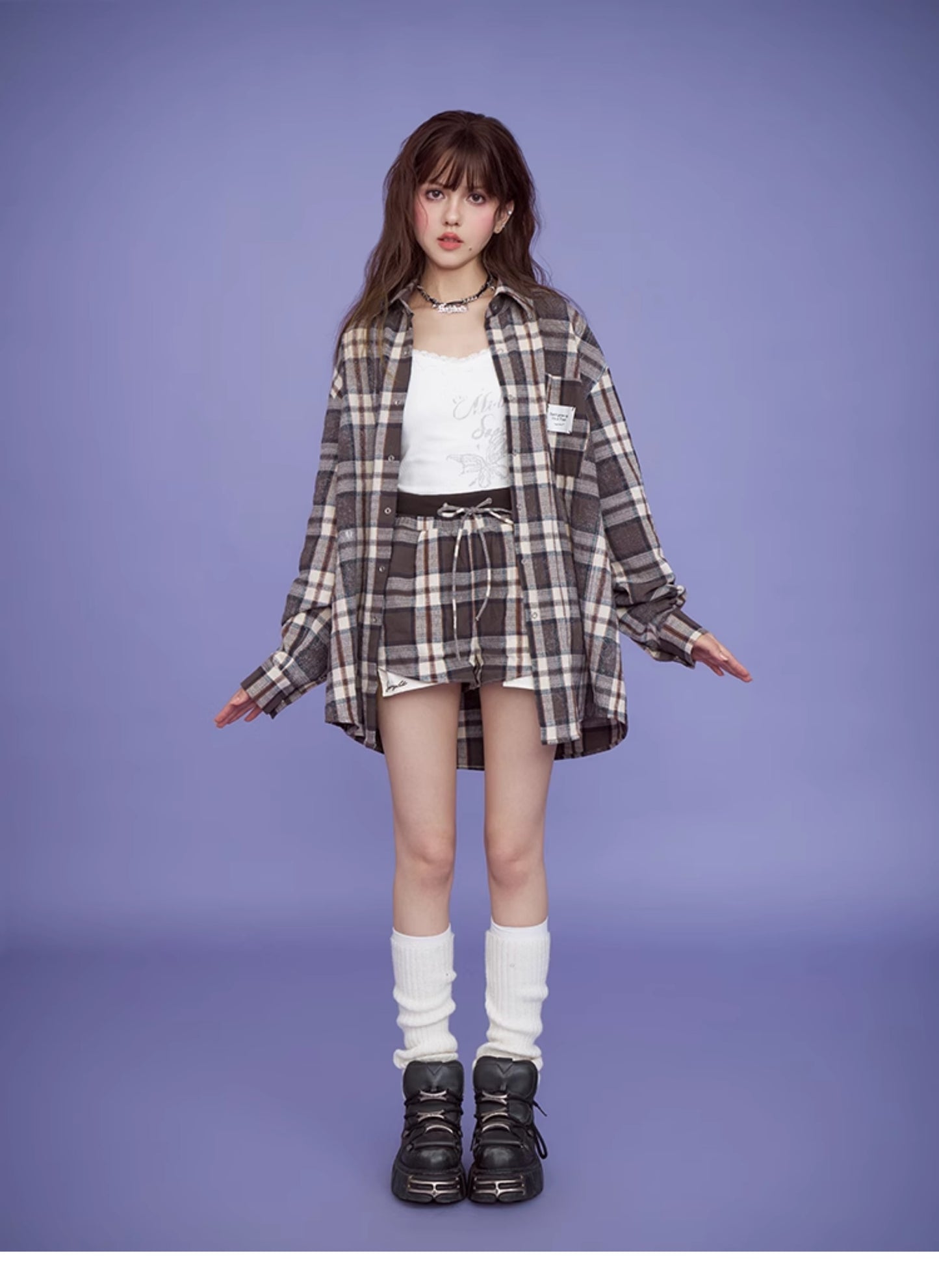 Plaid Oversized Linen-Blend Shirt, High-Waisted Shorts