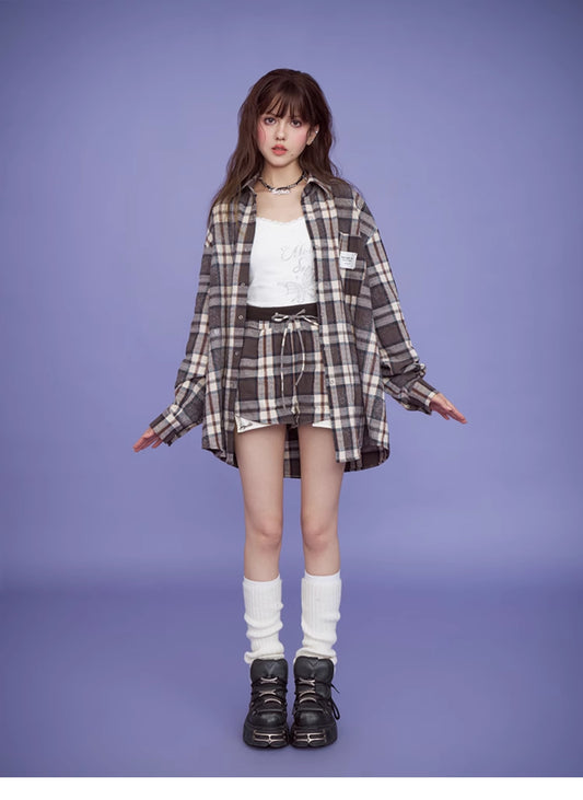 Plaid Oversized Linen-Blend Shirt, High-Waisted Shorts