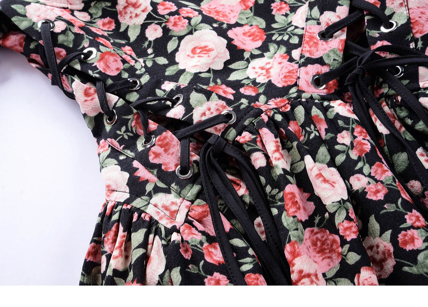 Puff Sleeve Asymmetrical Hem Corset Rose Dress