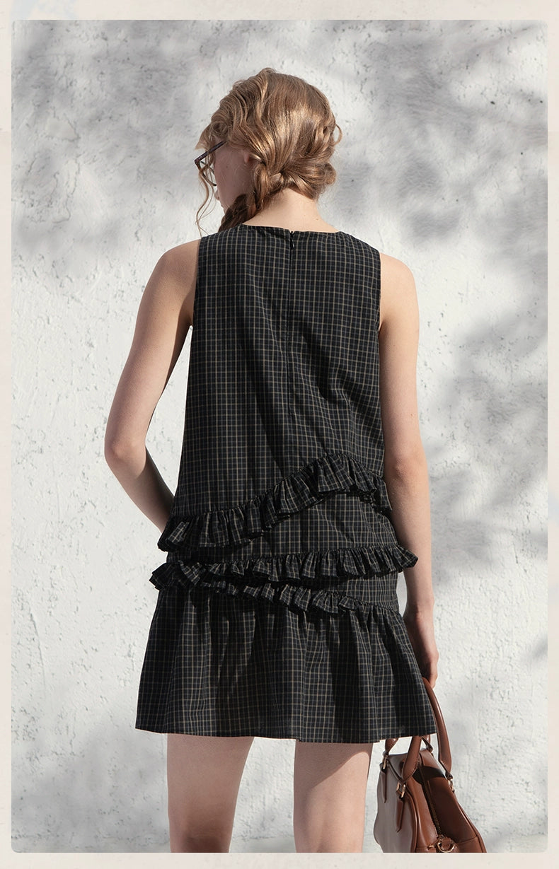 Plaid Sleeveless A-Line Mini Dress With Asymmetric Ruffles
