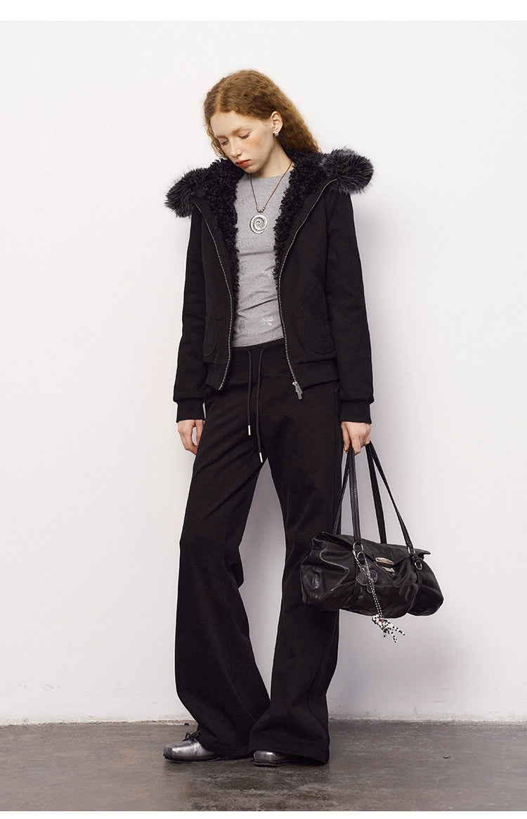 Mitten Pocket Hoodie With Removable Fur / Flared Pants