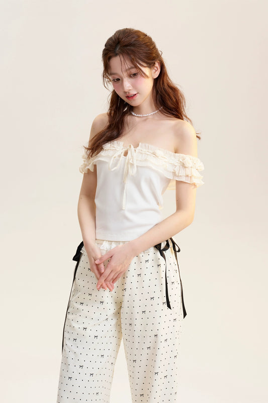 Off-Shoulder Ribbed Top With Lace Detail