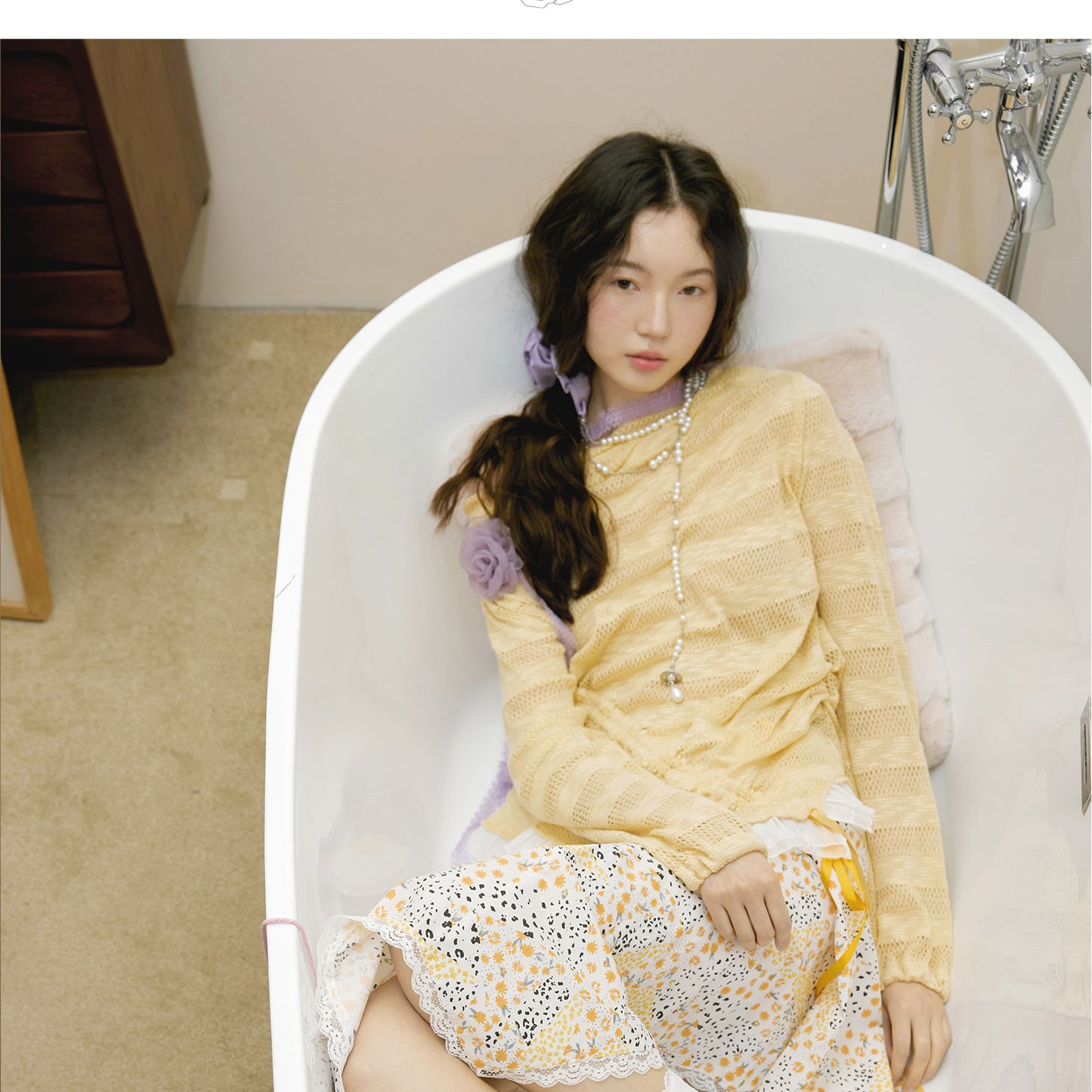 Lace Knit Off-Shoulder Top With Uneven Ribbon Detail