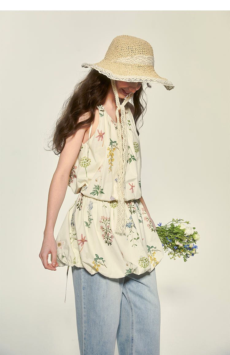 Tie-Strapped Floral Holiday Dress With Balloon Hem