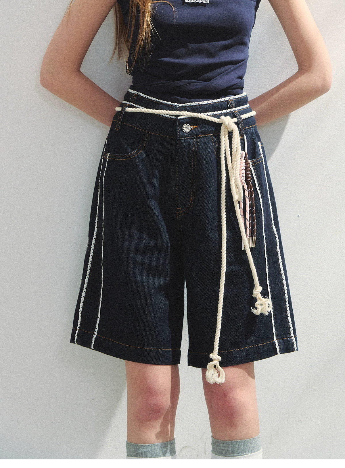 Double-Waist Bermuda Pants With Lace Trim