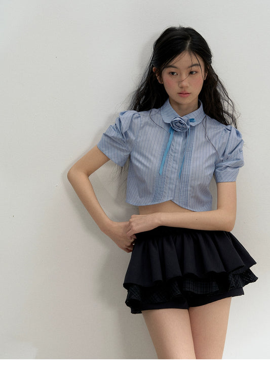 Pleated Puff-Sleeve Cropped Blouse