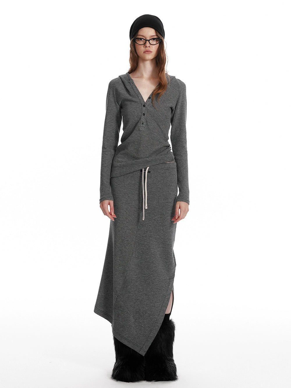 Slim Fit Hooded Half-Button Top / Slit Skirt