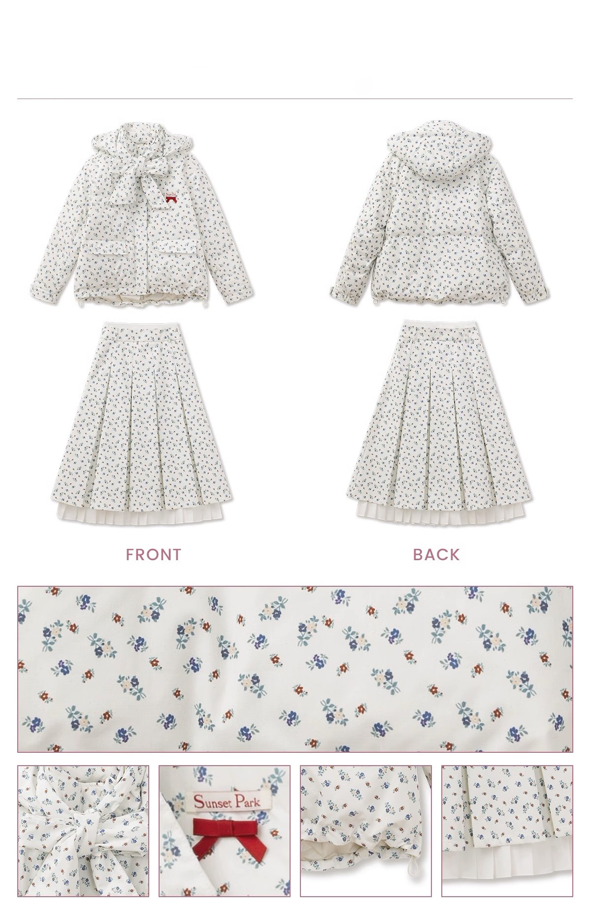 Floral Hooded Puffer Jacket, Matching Pleated Skirt