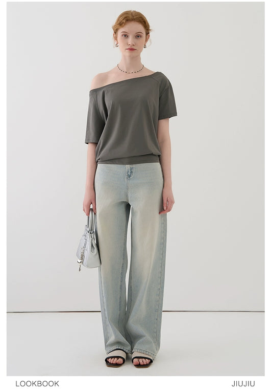 Wide Neck Easy-Fit Cotton Blend T-Shirt