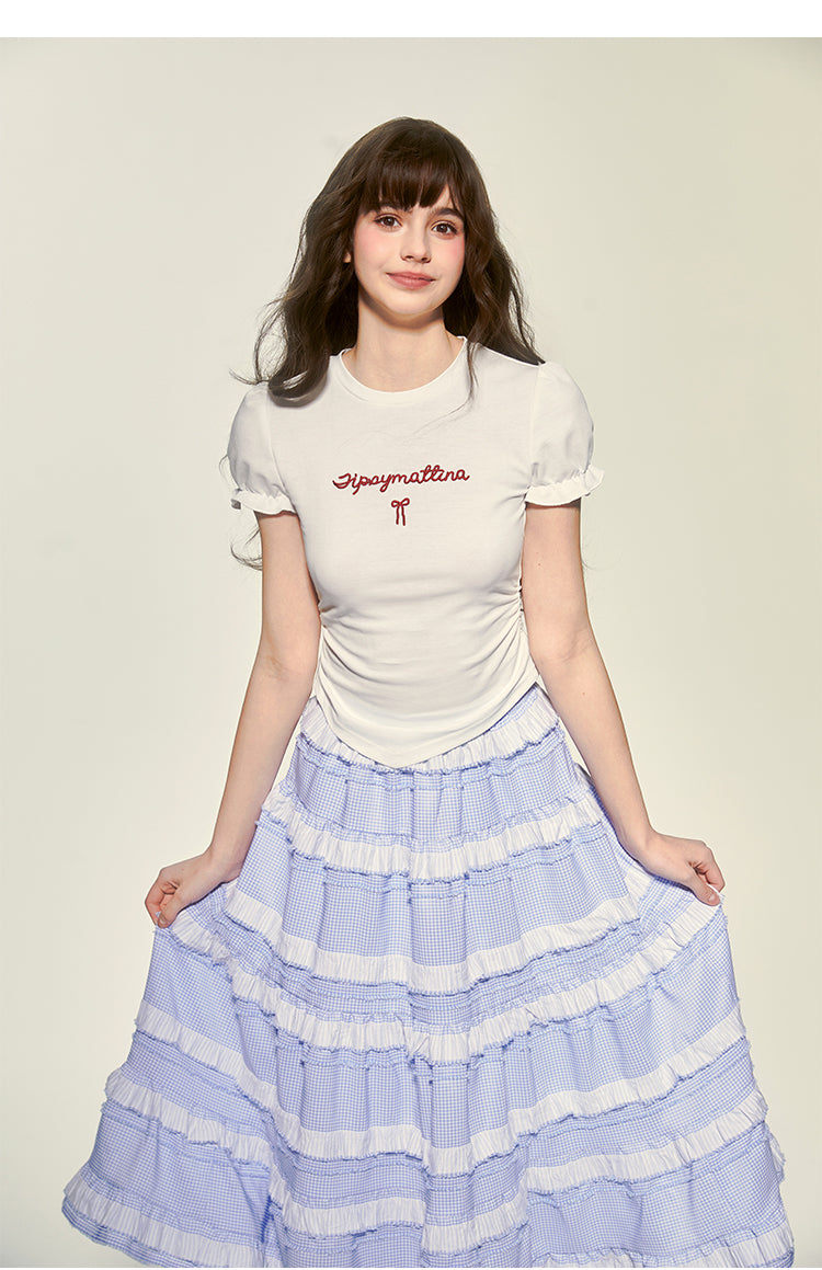 Puff-Sleeved Lettered Side-Ruched Top