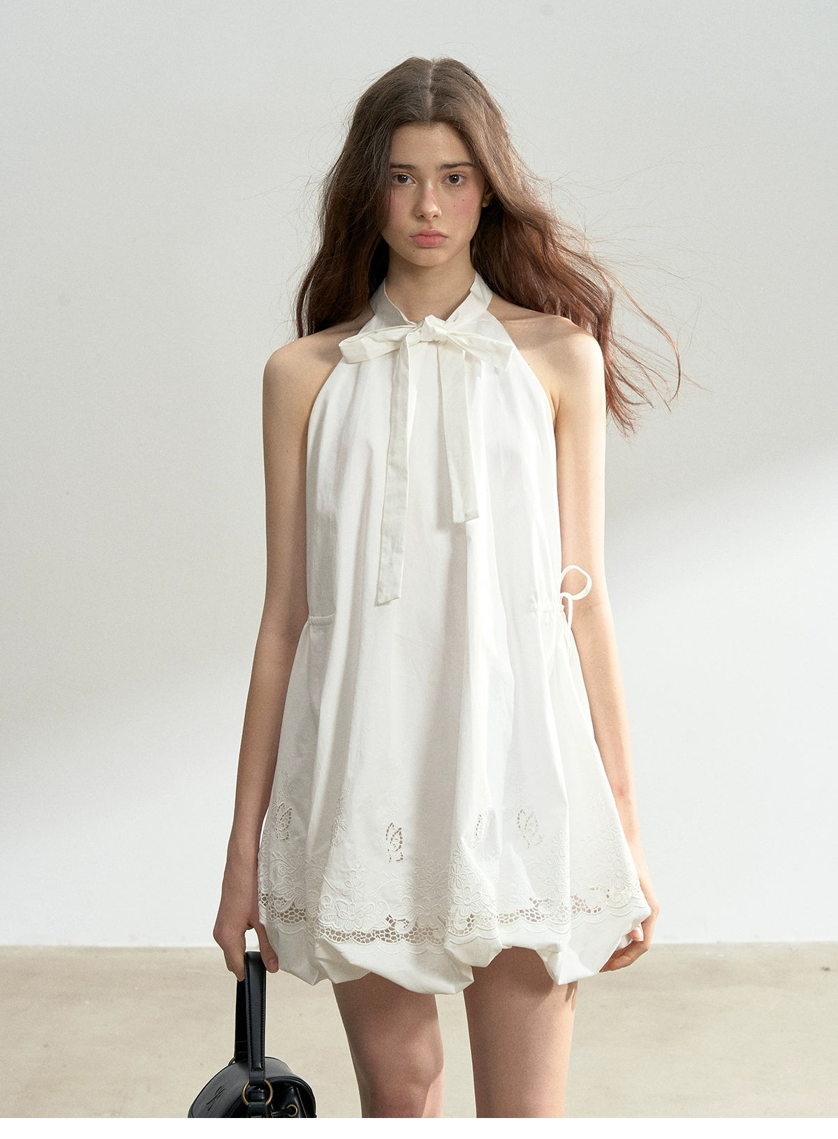 Embroidered Tie Neck Bubble Mini Dress