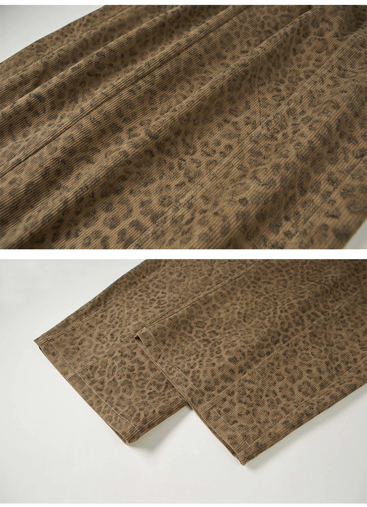 Mid Rise Straight Wide Leg Pants In Leopard, Plain