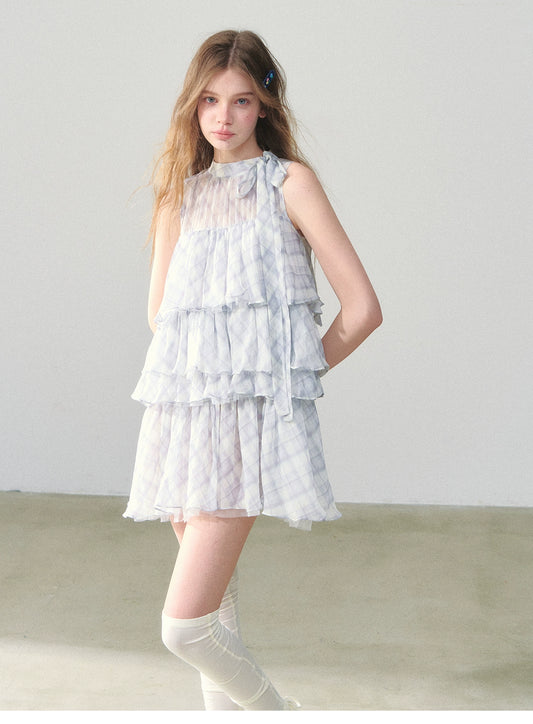 Sleeveless Plaid Chiffon Dress With Tiered Layers
